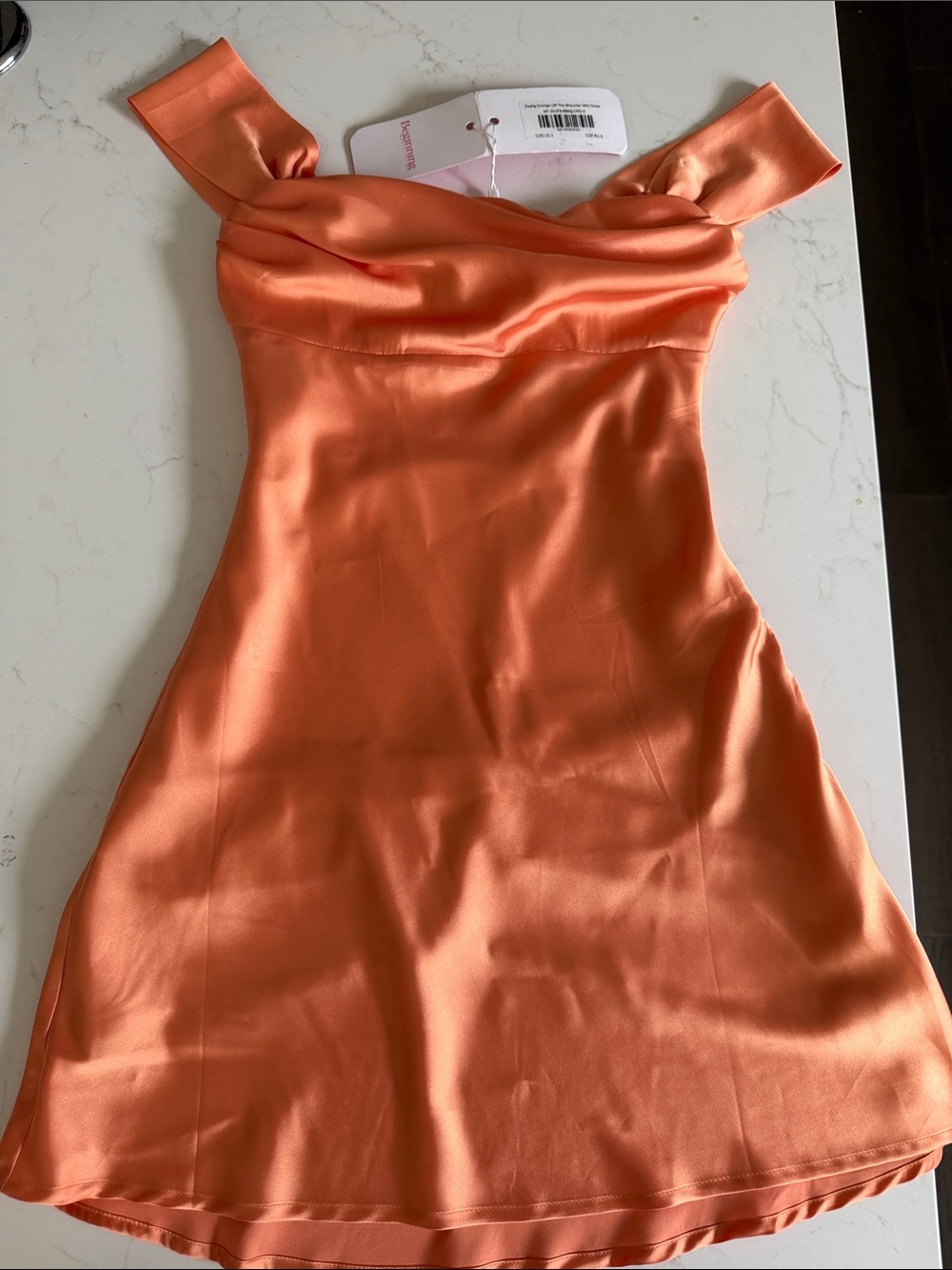 Beginning Boutique Off the Shoulder Satin Dress in Coral Orange